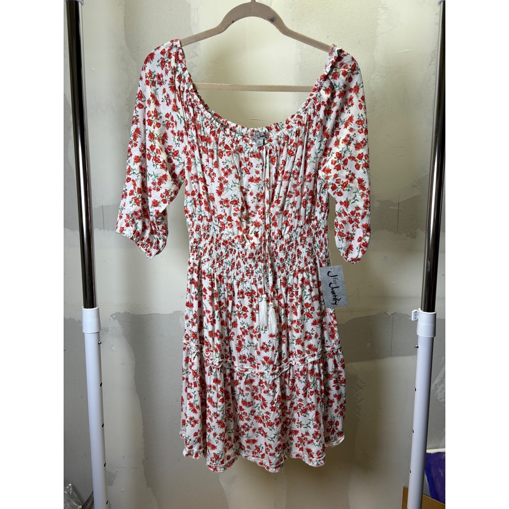 J for Justify Womens XL Red Floral Smocked Waist Tiered Boho Peasant Dress NWT